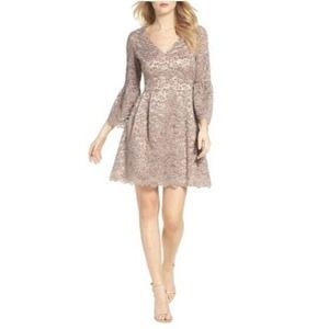 Eliza J Womens Dress Sz 8 Taupe Lace‎ Fit & Flare Bell Sleeved Cocktail Coquette